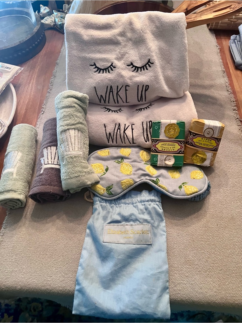 Anthro Lemon Eye Mask, Rae Dunn Towel Set, luxury soaps & set of 3 washcloths